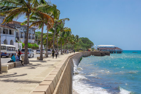 Sea view from the city. Beautiful beach with green palm trees of the city of Zanzibarの写真素材