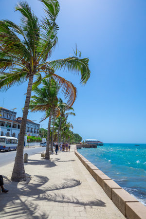 Sea view from the city. Beautiful beach with green palm trees of the city of Zanzibarの写真素材