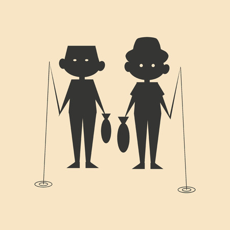 Flat in black and white mobile application men fishingのイラスト素材