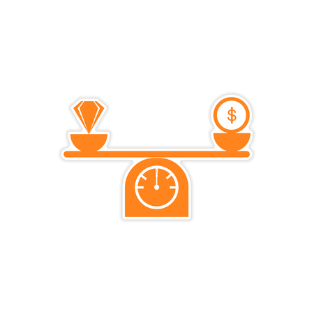 stylish sticker on paper diamonds and money on scalesのイラスト素材