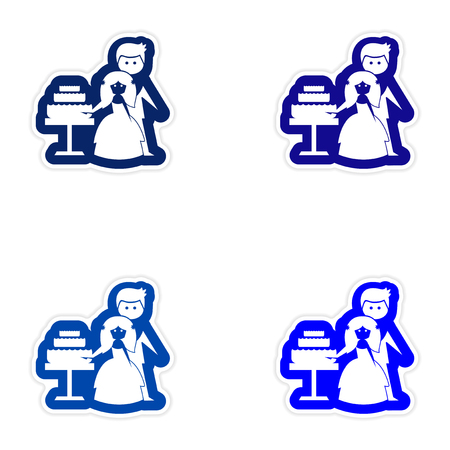 Set of paper stickers on white background, Bride Groom Cakeのイラスト素材