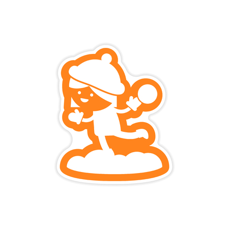 paper sticker on white background child playing snowballsのイラスト素材