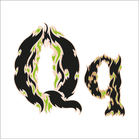 fiery font black and green letter Q on white backgroundのイラスト素材