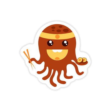 stylish paper sticker on white background octopus chefのイラスト素材