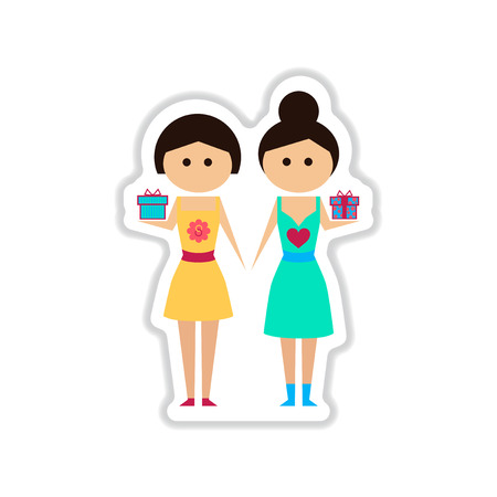 paper sticker on white  background Two girls giftsのイラスト素材