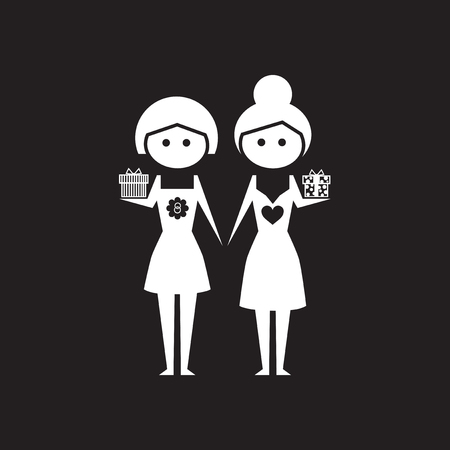 Flat icon in black and white girls with giftのイラスト素材