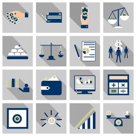 Set of business simple icons. Economic concept in flat style with long shadowのイラスト素材