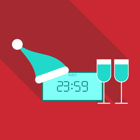 Clock With New Year 2018 with Santa`s hat and twoglasses of wineのイラスト素材