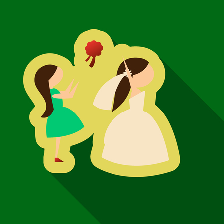 Vector of a beautiful woman in a wedding dress. Beautiful woman in a wedding dress with Bridesmaid. Drop wedding bouquetのイラスト素材