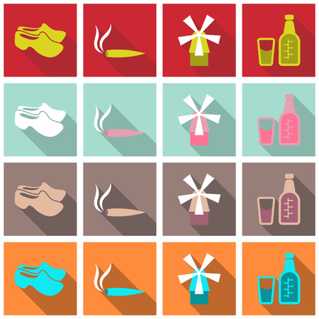 Set of shoes, tobacco, bottle and wind mill in flat style Set of shoes, tobacco, bottle and wind mill in flat style