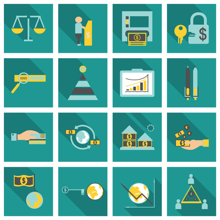 Set of business simple icons. Economic concept in flat style with long shadowのイラスト素材