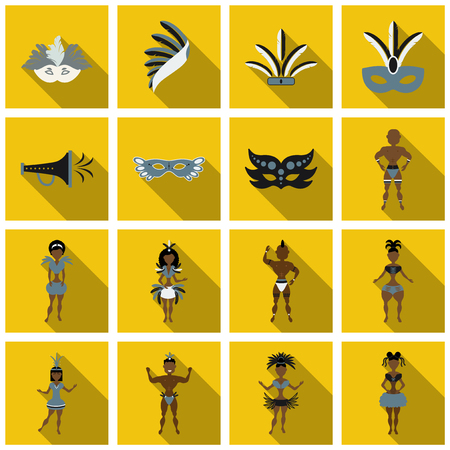 Set of Brazilian samba dancers and carnival masks . Vector carnival girls wearing a festival costume is dancing.のイラスト素材