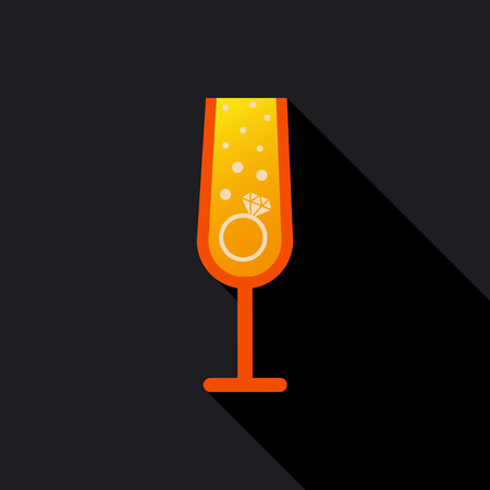 Realistic vector illustration of champagne glasses with sparkling white wine and empty glass. Love heart concept. Ring for engagement and Valentines day.のイラスト素材