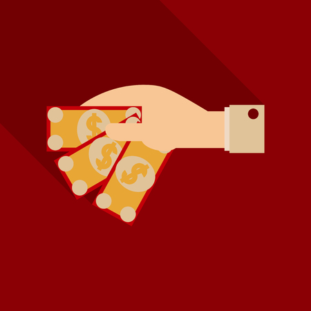 Businessman hand giving give money, making agreement, success in deal. Flat design illustration with shadow.のイラスト素材