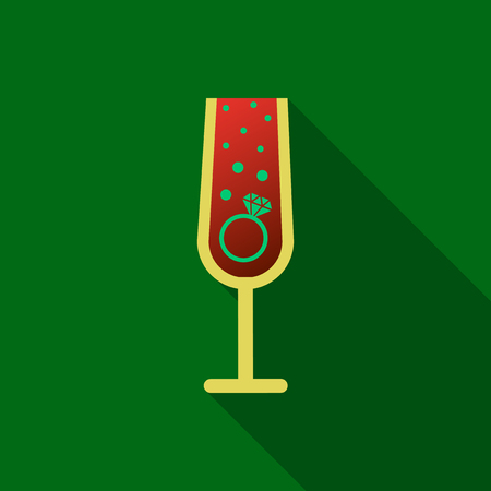 Realistic vector illustration of champagne glasses with sparkling white wine and empty glass. Love heart concept. Ring for engagement and Valentine's day.のイラスト素材