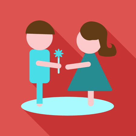 Man dressed in a suit gives a woman a bouquet of flowers and a gift. Vector illustration of a flat designのイラスト素材