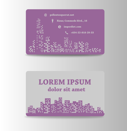 Detailed business cards. For cafe and restaurant or business. Purple hues with the city during the day and nightのイラスト素材