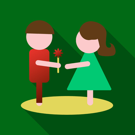 Man dressed in a suit gives a woman a bouquet of flowers and a gift. Vector illustration of a flat designのイラスト素材