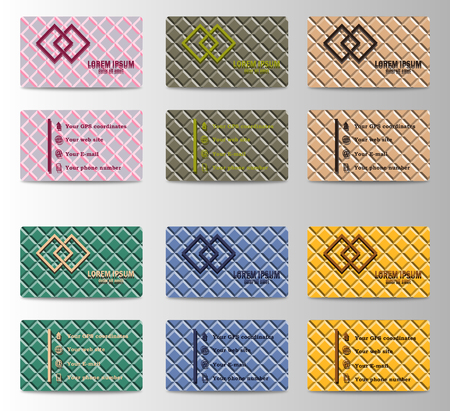 Set of personal horisontal id cards with identification elements, photo, phone, email and GPS location informationの写真素材