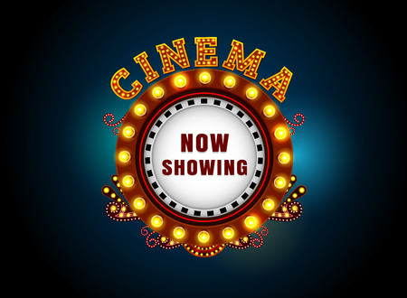Theater sign circle.Brightly theater glowing retro cinema neon sign.のイラスト素材