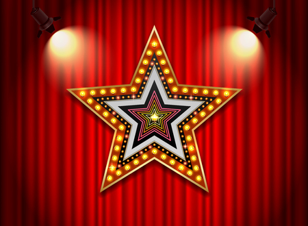 Brightly theater glowing retro cinema neon sign star shape.のイラスト素材