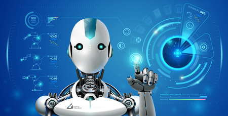 robot artificial intelligence technology smart lerning hologram interface monitor by ai technology industrial 4.0 controlのイラスト素材