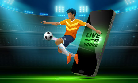 soccer player with field stadium background and mobile live vector illustrationのイラスト素材