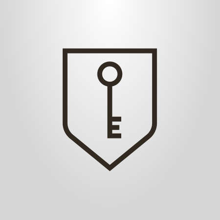 black and white simple vector line art pictogram of one key in a shield frameのイラスト素材