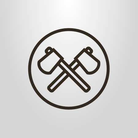 black and white simple vector line art pictogram of two crossed axes in a round frameのイラスト素材