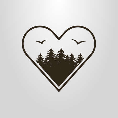 black and white simple vector pictogram of the forest with birds in the heart shape frameのイラスト素材