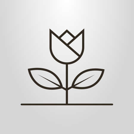 Black and white simple vector line art symbol of flower with leafsのイラスト素材