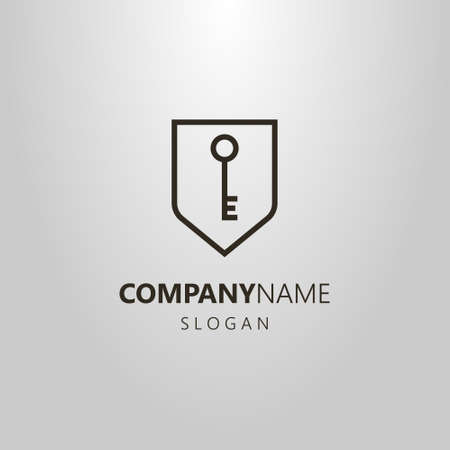 black and white simple vector line art logo of key in a shield frameのイラスト素材