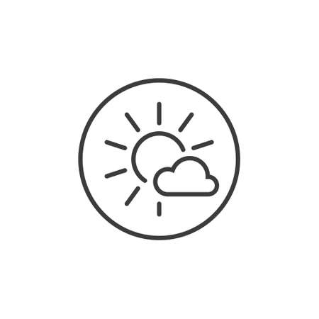 Black and white line art icon of sun with a cloud in a round frameのイラスト素材