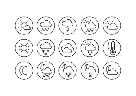 Set of black and white line art icons on the weather theme in the round frameのイラスト素材