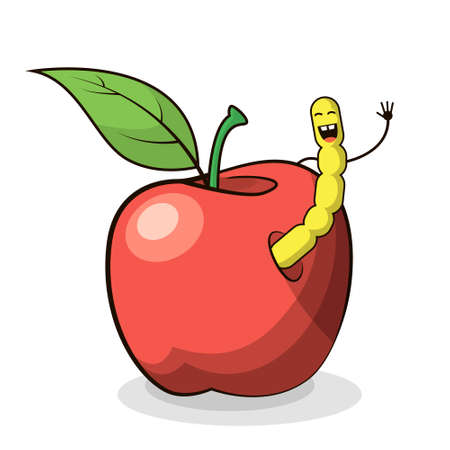 colored vector illustration of a cartoon apple with wormのイラスト素材