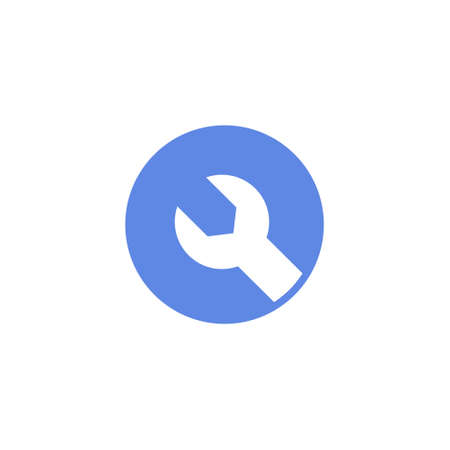 blue and white simple vector round flat art icon of wrench