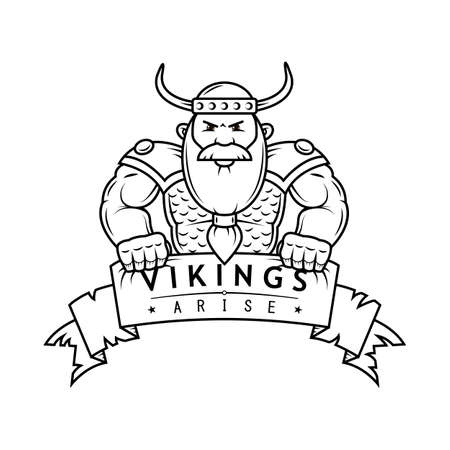 black and white illustration of cartoon Viking with bannerのイラスト素材