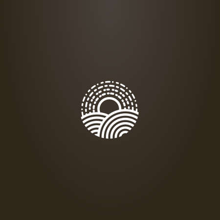 white sign on a black background. simple vector line art round sign of the rising sun over two hillsのイラスト素材