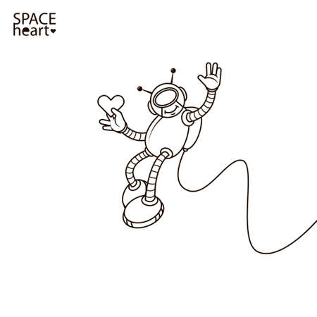 line art simple illustration of cartoon smiley romantic astronaut with a heart in his handのイラスト素材
