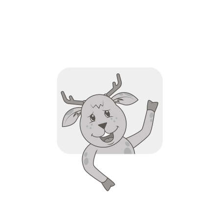 simple black and white flat art illustration of a funny cartoon deer with a hoof greeted upのイラスト素材