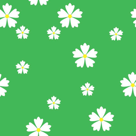 colorful simple vector flat art seamless pattern of white flowers on green backgroundのイラスト素材