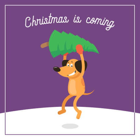 simple vector colorful flat art illustration of cheerful smiley cartoon dog with fir tree in hands and text christmas is comingのイラスト素材