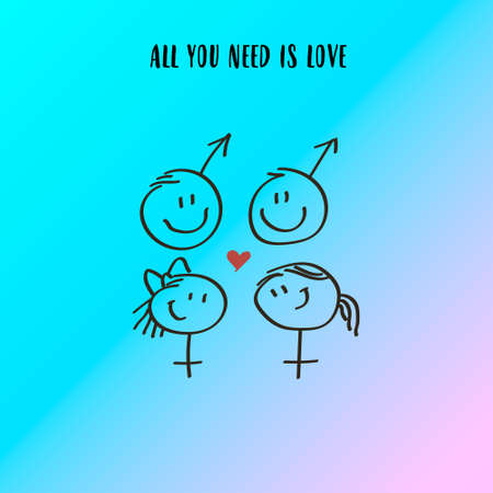 simple vector illustration of hand drawn of different genders smiling faces with a red heart between themのイラスト素材