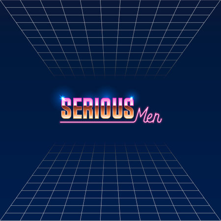 colorful simple vector illustration in 80s style of headline of signboard with text serious men on...