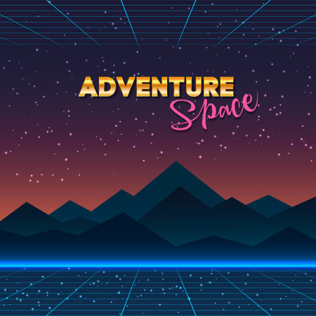 colorful simple vector illustration in 80s style of headline of poster with text adventure space and night mountain landscapeのイラスト素材