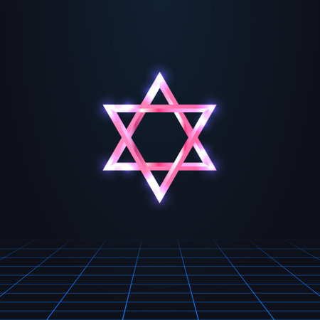 colorful simple vector illustration in 80s style of pink chrome religious sign of the star of davidのイラスト素材