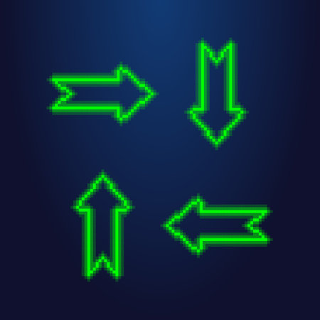 colorful simple vector pixel art illustration of green led light set of arrows which are directed in four different directionsのイラスト素材