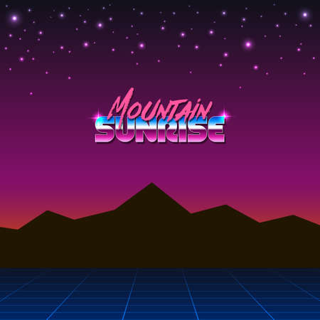 colorful simple vector illustration in retro futurism style of 1980s of mountains landscape under...