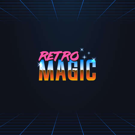 colorful simple vector illustration in retro futurism style of 1980s of headline signboard text...