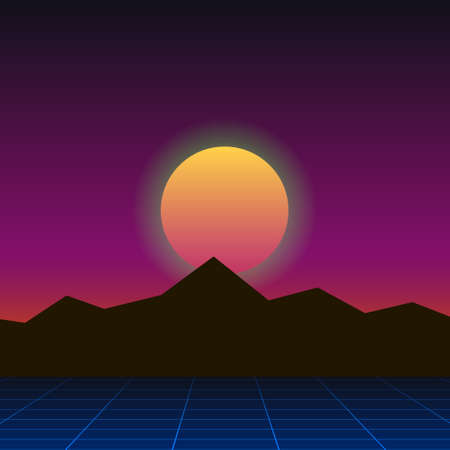 colorful simple vector illustration in retro futurism style of 1980s of mountains landscape under...